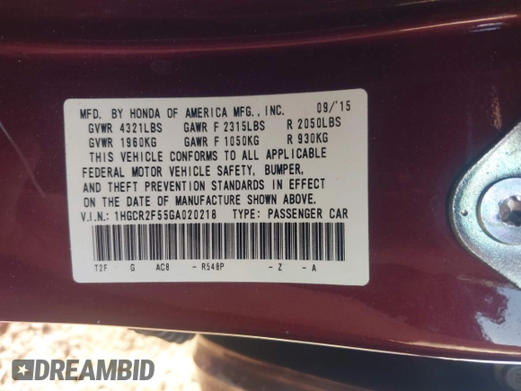 2016 Honda Accord Sport with VIN 1HGCR2F55GA020218, listed as a IAAI auction lot 42427342 with 138,803 mi miles and . Bid and sale history available at DreamBid. Image 9.