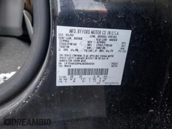2003 Ford Super Duty F-250 XL with VIN 1FTNW20P63ED04454, listed as a Copart auction lot 86355444 with 154,194 mi miles and Salvage Title. Bid and sale history available at carsss.com. Image 12.