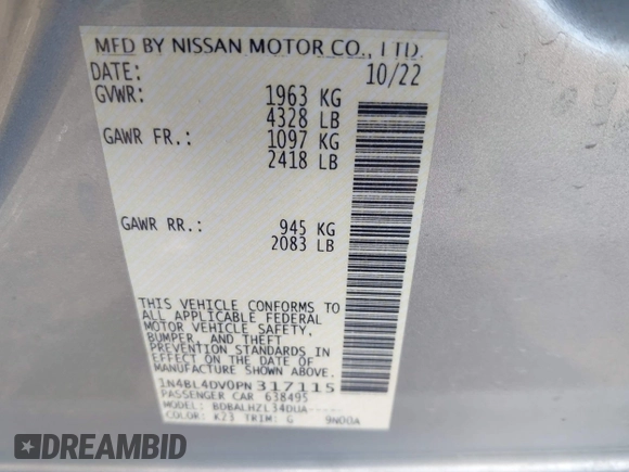 2023 Nissan Altima 2.5 SV with VIN 1N4BL4DV0PN317115, listed as a IAAI auction lot 42126485 with 52,481 mi miles. Bid and sale history available at carsss.com. Image 9.