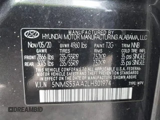 2020 Hyundai Santa Fe Limited with VIN 5NMS53AA2LH301974, listed as a IAAI auction lot 41614588 with 104,621 mi miles. Bid and sale history available at carsss.com. Image 9.