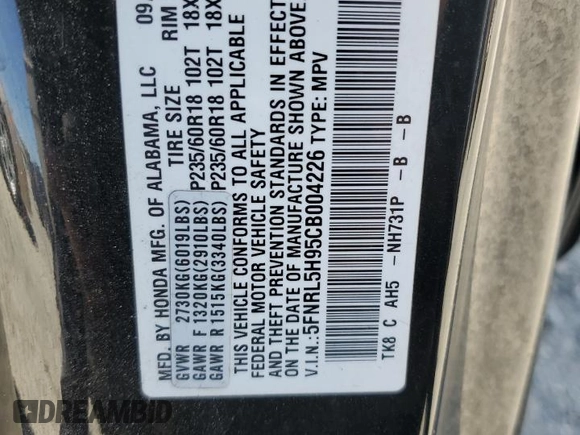 2012 Honda Odyssey Touring with VIN 5FNRL5H95CB004226, listed as a Copart auction lot 55775235 with 157,521 mi miles and Clean Title. Bid and sale history available at DreamBid. Image 13.