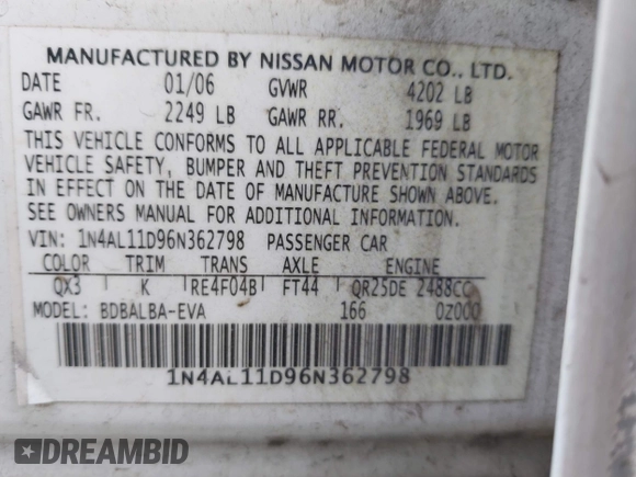 2006 Nissan Altima 2.5 S with VIN 1N4AL11D96N362798, listed as a IAAI auction lot 41977215 with 269,626 mi miles. Bid and sale history available at carsss.com. Image 9.