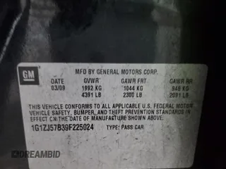 2009 Chevrolet Malibu 2LT with VIN 1G1ZJ57B39F225024, listed as a Copart auction lot 50187425 with 136,849 mi miles and Salvage Title. Bid and sale history available at DreamBid. Image 12.