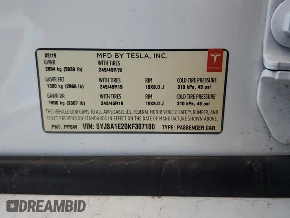 2019 Tesla Model S 75D с VIN 5YJSA1E20KF307100, выставлен на аукционе Copart как лот 54073805 с пробегом 93 644 миль миль и Списание • Salvage title. История ставок и продаж доступна на DreamBid. Изображение 13.