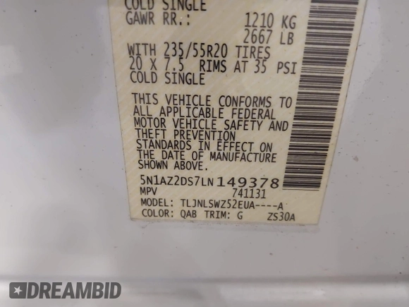 2020 Nissan Murano Platinum z VIN 5N1AZ2DS7LN149378, wystawiony jako IAAI lot #42348008 z przebiegiem 53 954 mil mil oraz . Historia ofert i sprzedaży dostępna na DreamBid. Obrazek 9.