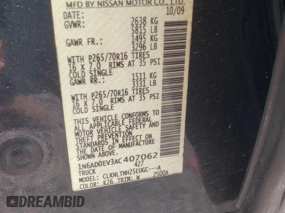 2010 Nissan Frontier LE with VIN 1N6AD0EV3AC407062, listed as a Copart auction lot 60444785 with 96,631 mi miles and Salvage title. Bid and sale history available at DreamBid. Image 12.
