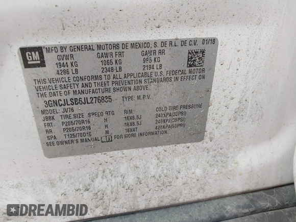 2018 Chevrolet Trax LT with VIN 3GNCJLSB6JL276835, listed as a IAAI auction lot 41882128 with 75,761 mi miles and . Bid and sale history available at carsss.com. Image 9.