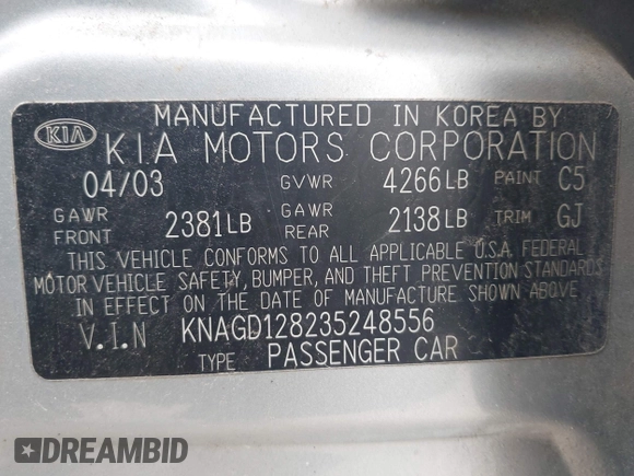 2003 Kia Optima LX z VIN KNAGD128235248556, wystawiony jako IAAI lot #42366002 z przebiegiem 140 904 mil mil oraz . Historia ofert i sprzedaży dostępna na DreamBid. Obrazek 9.