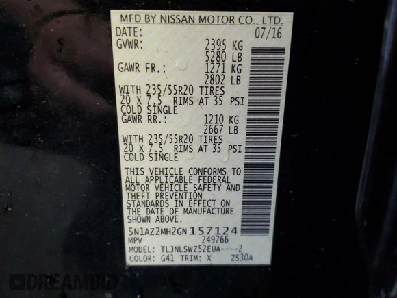 2016 Nissan Murano S z VIN 5N1AZ2MH2GN157124, wystawiony jako Copart lot #57713065 z przebiegiem 124 840 mil mil oraz Szkoda całkowita • Salvage title. Historia ofert i sprzedaży dostępna na DreamBid. Obrazek 13.