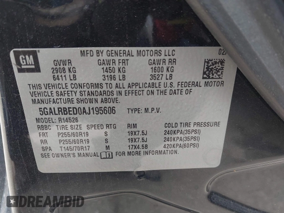 2010 Buick Enclave CXL 1XL with VIN 5GALRBED0AJ195606, listed as a IAAI auction lot 41888701 with 133,819 mi miles and . Bid and sale history available at DreamBid. Image 9.