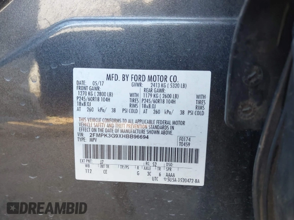 2017 Ford Edge SE with VIN 2FMPK3G9XHBB96694, listed as a IAAI auction lot 40879324 with 120,855 mi miles and . Bid and sale history available at DreamBid. Image 9.