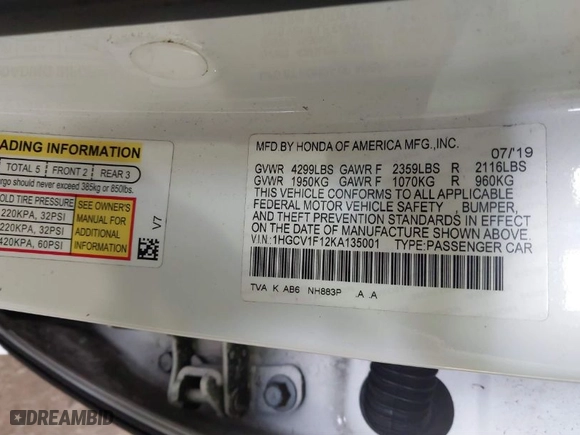 2019 Honda Accord Sedan LX 1.5T with VIN 1HGCV1F12KA135001, listed as a IAAI auction lot 41839635 with 145,191 mi miles. Bid and sale history available at carsss.com. Image 9.
