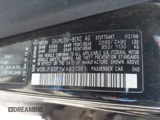 1998 Mercedes-Benz E-Class with VIN WDBJF65F1WA631361, listed as a IAAI auction lot 41870881 with 101,292 mi miles. Bid and sale history available at carsss.com. Image 9.