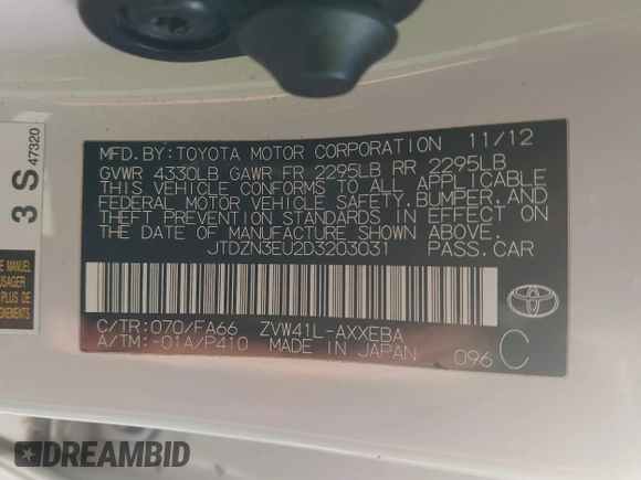 2013 Toyota Prius Two with VIN JTDZN3EU2D3203031, listed as a IAAI auction lot 41013249 with 145,247 mi miles and . Bid and sale history available at DreamBid. Image 9.