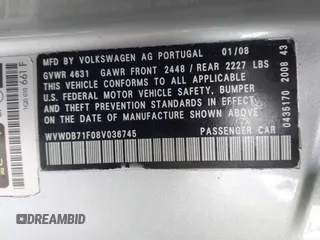 2008 Volkswagen Eos 3.2L with VIN WVWDB71F08V036745, listed as a IAAI auction lot 41802617 with 60,132 mi miles and . Bid and sale history available at DreamBid. Image 9.