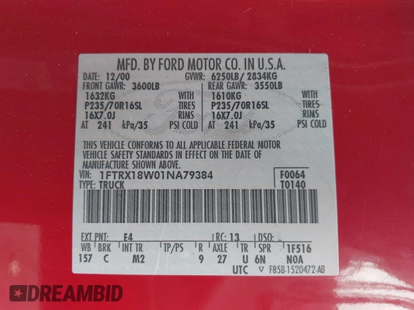 2001 Ford F-150 XL с VIN 1FTRX18W01NA79384, выставлен на аукционе IAAI как лот 42473501 с пробегом 210 729 миль миль и . История ставок и продаж доступна на DreamBid. Изображение 9.