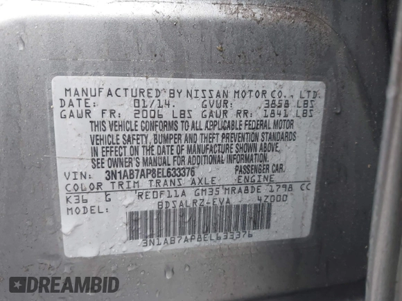 2014 Nissan Sentra S with VIN 3N1AB7AP8EL633376, listed as a IAAI auction lot 41960394 with Not Provided miles and . Bid and sale history available at DreamBid. Image 9.