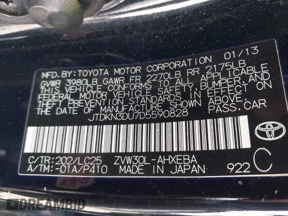 2013 Toyota Prius One with VIN JTDKN3DU7D5590828, listed as a IAAI auction lot 41892483 with 100,925 mi miles. Bid and sale history available at carsss.com. Image 9.