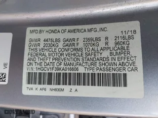 2019 Honda Accord Sedan Sport 1.5T with VIN 1HGCV1F39KA016606, listed as a IAAI auction lot 41809150 with 142,503 mi miles. Bid and sale history available at carsss.com. Image 9.