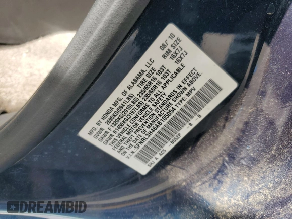 2010 Honda Odyssey EX with VIN 5FNRL3H46AB105054, listed as a Copart auction lot 56710665 with 118,156 mi miles and Salvage title. Bid and sale history available at DreamBid. Image 13.