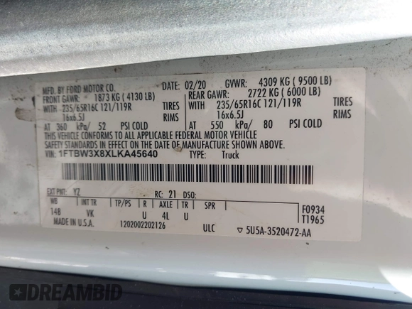 2020 Ford Transit Cargo with VIN 1FTBW3X8XLKA45640, listed as a IAAI auction lot 41362869 with 244,576 mi miles and . Bid and sale history available at DreamBid. Image 9.