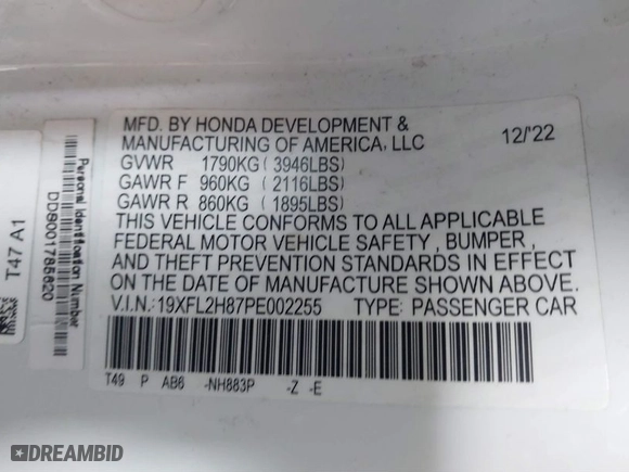 2023 Honda Civic Hatchback Sport with VIN 19XFL2H87PE002255, listed as a IAAI auction lot 41767616 with 59,979 mi miles. Bid and sale history available at carsss.com. Image 9.