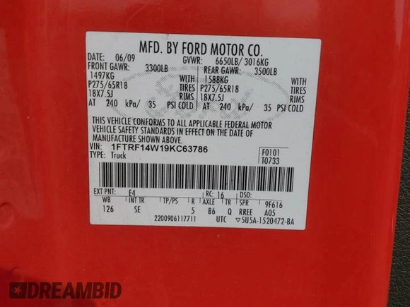 2009 Ford F-150 XL with VIN 1FTRF14W19KC63786, listed as a Copart auction lot 56550045 with 130,602 mi miles and Clean title. Bid and sale history available at DreamBid. Image 12.
