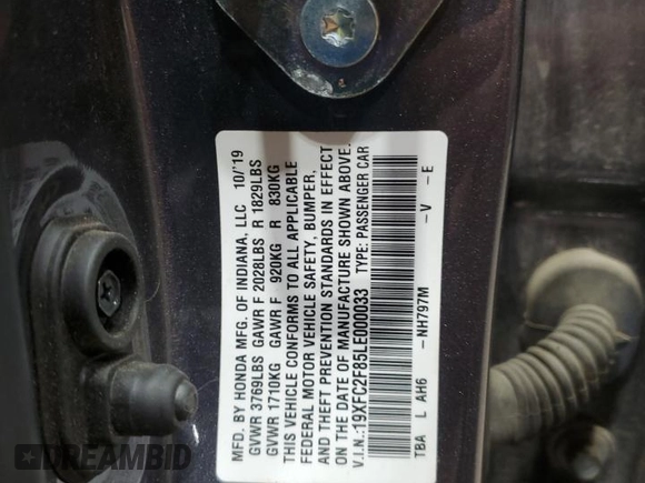 2020 Honda Civic Sedan Sport with VIN 19XFC2F85LE000033, listed as a Copart auction lot 53673405 with 45,386 mi miles and Salvage Title. Bid and sale history available at carsss.com. Image 12.