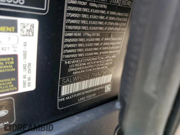 2022 Land Rover Range Rover Sport HSE Dynamic z VIN SALWR2SE7NA234750, wystawiony jako Copart lot #58992895 z przebiegiem 97 879 mil mil oraz Szkoda całkowita • Salvage title. Historia ofert i sprzedaży dostępna na DreamBid. Obrazek 13.