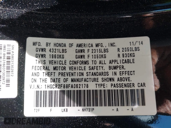 2015 Honda Accord EX-L with VIN 1HGCR2F88FA062178, listed as a IAAI auction lot 42315489 with 145,659 mi miles and . Bid and sale history available at DreamBid. Image 9.