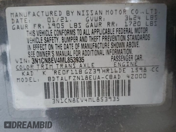 2021 Nissan Versa SV z VIN 3N1CN8EV4ML853935, wystawiony jako Copart lot #66657015 z przebiegiem 66 184 mil mil oraz Czysty tytuł • Clean title. Historia ofert i sprzedaży dostępna na DreamBid. Obrazek 12.