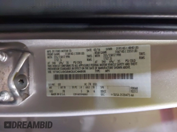 2016 Ford Escape SE с VIN 1FMCU9G94GUC44808, выставлен на аукционе IAAI как лот 42317988 с пробегом 112 536 миль миль и . История ставок и продаж доступна на DreamBid. Изображение 9.