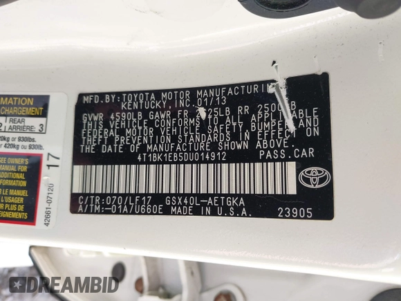 2013 Toyota Avalon XLE with VIN 4T1BK1EB5DU014912, listed as a IAAI auction lot 41699308 with 258,350 mi miles and . Bid and sale history available at DreamBid. Image 9.