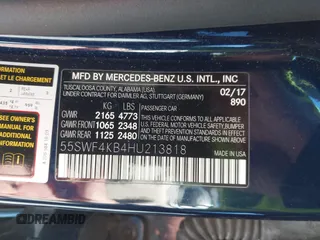 2017 Mercedes-Benz C 300 with VIN 55SWF4KB4HU213818, listed as a IAAI auction lot 41656649 with 208,589 mi miles and . Bid and sale history available at DreamBid. Image 9.