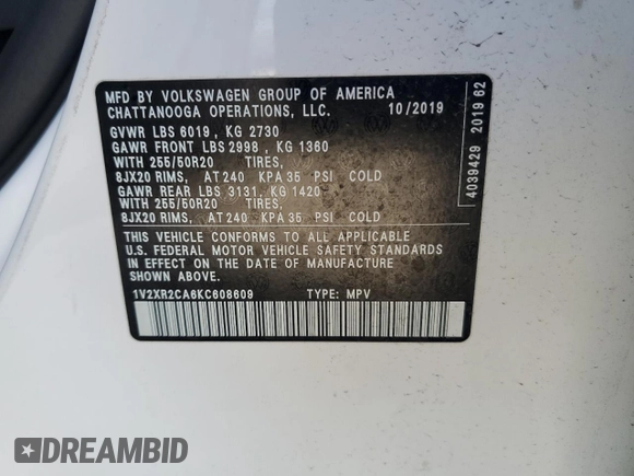 2019 Volkswagen Atlas SE z VIN 1V2XR2CA6KC608609, wystawiony jako Copart lot #50604625 z przebiegiem 56 778 mil mil oraz Szkoda całkowita • Salvage title. Historia ofert i sprzedaży dostępna na DreamBid. Obrazek 13.