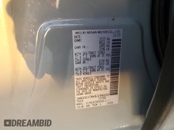 2024 Nissan Frontier Pro-X z VIN 1N6ED1EJ7RN619600, wystawiony jako Copart lot #74284664 z przebiegiem 19 786 mil mil oraz Szkoda całkowita • Salvage title. Historia ofert i sprzedaży dostępna na DreamBid. Obrazek 13.