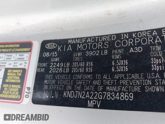 2016 Kia Soul with VIN KNDJN2A22G7834869, listed as a IAAI auction lot 41052392 with 100,551 mi miles. Bid and sale history available at carsss.com. Image 9.