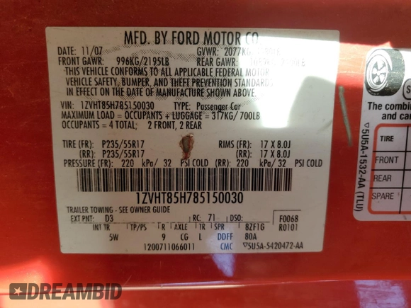 2008 Ford Mustang GT Deluxe with VIN 1ZVHT85H785150030, listed as a Copart auction lot 50251055 with 195,111 mi miles and Salvage Title. Bid and sale history available at DreamBid. Image 12.