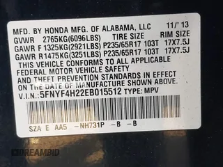 2014 Honda Pilot LX with VIN 5FNYF4H22EB015512, listed as a IAAI auction lot 41753515 with 152,287 mi miles and . Bid and sale history available at DreamBid. Image 9.