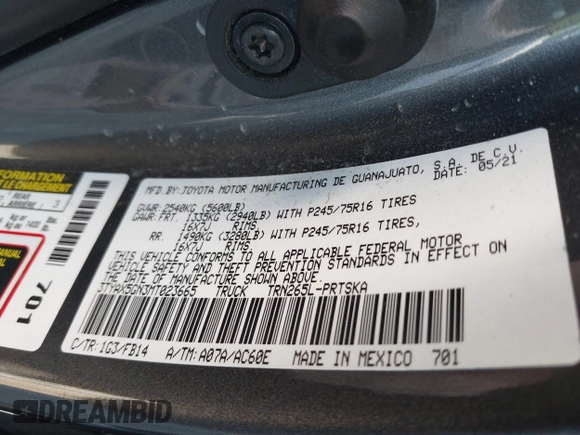 2021 Toyota Tacoma SR z VIN 3TYAX5GN3MT023665, wystawiony jako IAAI lot #41399435 z przebiegiem 53 552 mil mil oraz . Historia ofert i sprzedaży dostępna na DreamBid. Obrazek 9.