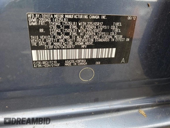 2012 Toyota RAV4 z VIN 2T3BF4DV7CW230817, wystawiony jako Copart lot #63227405 z przebiegiem 231 028 mil mil oraz Szkoda całkowita • Salvage title. Historia ofert i sprzedaży dostępna na DreamBid. Obrazek 12.