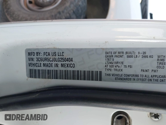 2020 Ram 2500 Tradesman with VIN 3C6UR5CJ0LG250404, listed as a IAAI auction lot 41753681 with 64,184 mi miles. Bid and sale history available at carsss.com. Image 9.