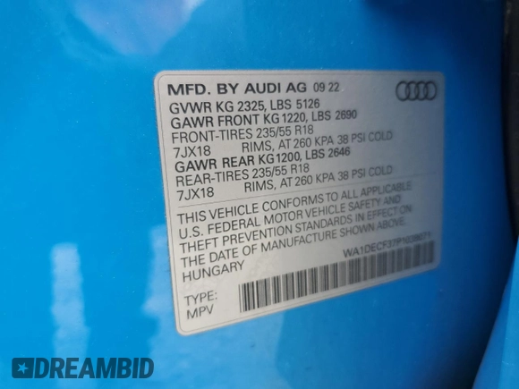 2023 Audi Q3 S line Premium z VIN WA1DECF37P1038071, wystawiony jako Copart lot #52602355 z przebiegiem 44 479 mil mil oraz Szkody całkowita. Historia ofert i sprzedaży dostępna na DreamBid. Obrazek 14.
