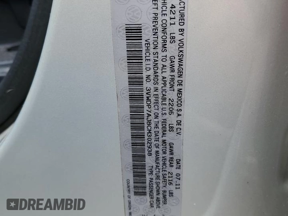 2012 Volkswagen Jetta SE with VIN 3VWDP7AJ8CM302938, listed as a Copart auction lot 57828475 with 127,174 mi miles and Clean title. Bid and sale history available at DreamBid. Image 13.