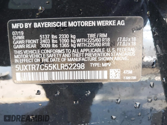 2019 BMW X3 sDrive30i with VIN 5UXTR7C55KLR52298, listed as a IAAI auction lot 41799505 with 64,283 mi miles and . Bid and sale history available at DreamBid. Image 9.