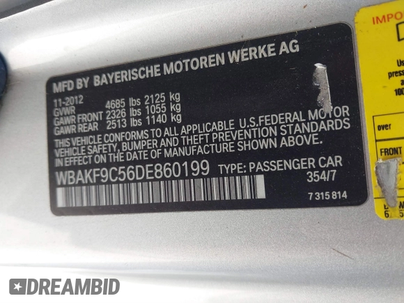 2013 BMW 3 Series 335i xDrive with VIN WBAKF9C56DE860199, listed as a IAAI auction lot 41823376 with Not provided miles and . Bid and sale history available at DreamBid. Image 9.