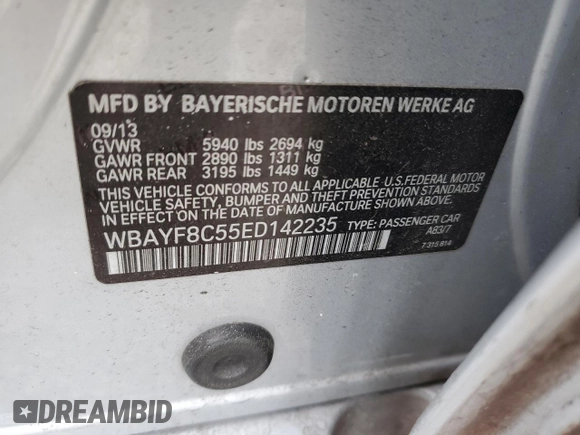 2014 BMW 7 Series ALPINA B7 xDrive with VIN WBAYF8C55ED142235, listed as a Copart auction lot 53257405 with Not Provided miles and Salvage Title. Bid and sale history available at DreamBid. Image 13.