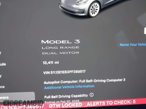 2023 Tesla Model 3 Long Range with VIN 5YJ3E1EB3PF389517, listed as a IAAI auction lot 41484978 with 13,411 mi miles and . Bid and sale history available at DreamBid. Image 15.