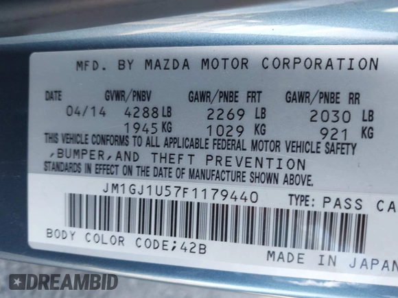 2015 Mazda Mazda6 i Sport with VIN JM1GJ1U57F1179440, listed as a IAAI auction lot 41361324 with 93,422 mi miles. Bid and sale history available at carsss.com. Image 9.