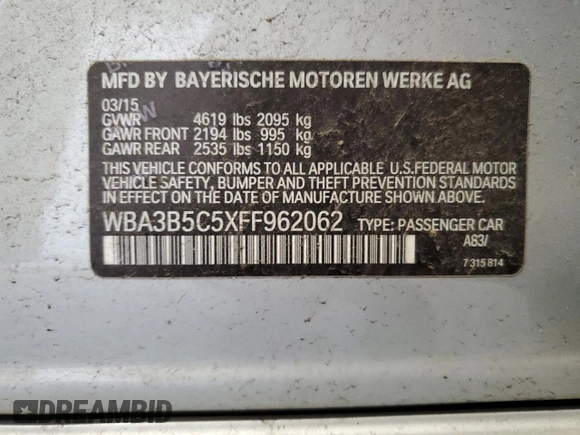 2015 BMW 3 Series 328i xDrive with VIN WBA3B5C5XFF962062, listed as a Copart auction lot 53622495 with 61,575 mi miles and Salvage Title. Bid and sale history available at carsss.com. Image 13.